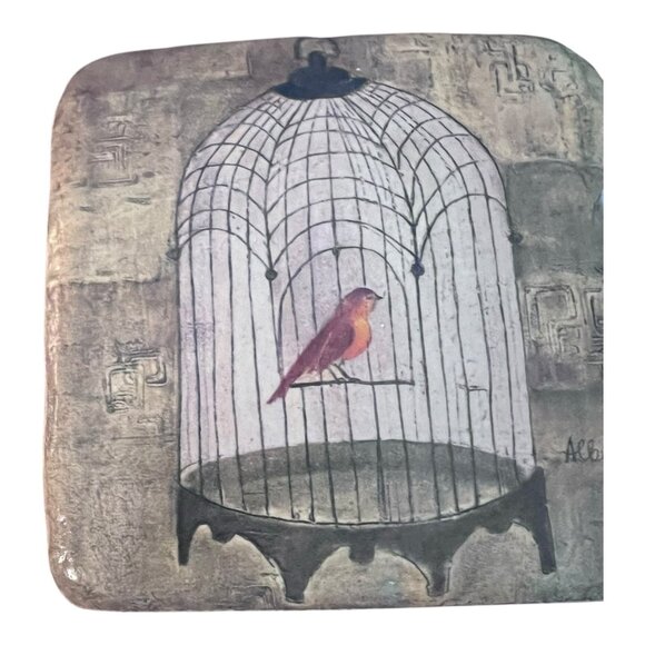 Set Of 4 Allurea Birdcage Themed Stone Coasters With Cork Backing 3.5" X 3.5" - Picture 4 of 5